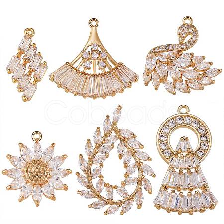 6Pcs 6 Style Brass Micro Pave Clear Cubic Zirconia Pendants KK-SZ0005-43-1