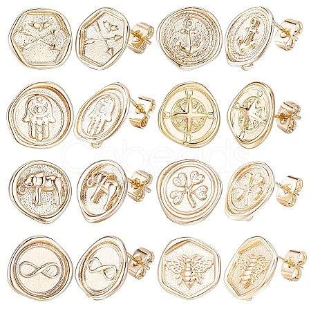 CREATCABIN 16Pcs 8 Style Brass Stud Earring Findings KK-CN0001-90-1