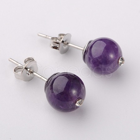 Gemstone Round Bead Ball Stud Earrings EJEW-JE01165-03-1