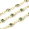 3.28 Feet Handmade Evil Eye Lampwork Link Chains, Soldered, with Brass Findings, Long-Lasting Plated, Flat Round, Golden, Light Green, 10x4.5x2mm, Hole: 1.5mm