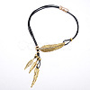 Feather Alloy Crystal Rhinestone Pendant Multi-Strand Black Wax Cord Lariat Necklaces for Women FS-WGEEE72-01-2