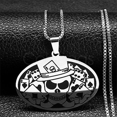 Oval with Skull 304 Stainless Steel Pendant Necklaces NJEW-K253-31P-1