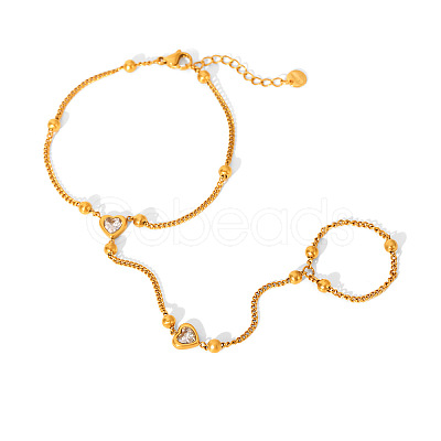 304 Stainless Steel Pave Clear Cubic Zirconia Heart Link Ring Bracelets for Women WGBEB4D-01-1