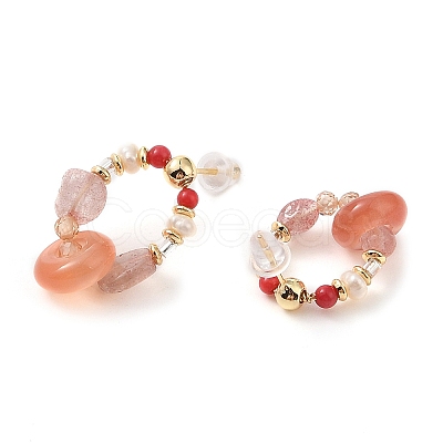 Natural Agate & Strawberry Quartz & Synthetic Coral Dangle Earrings EJEW-L286-15G-1