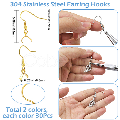 60Pcs 2 Colors 304 Stainless Steel Earring Hooks STAS-SC0010-73-1