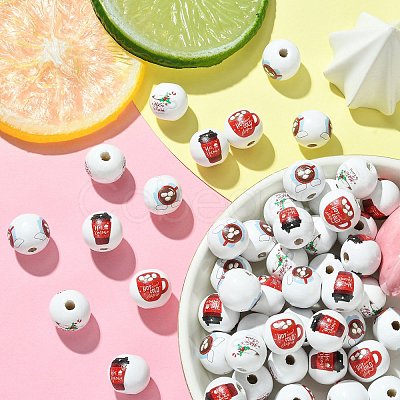 80Pcs 4 Styles Coffee Printed Wooden European Beads WOOD-CJ0001-82-1