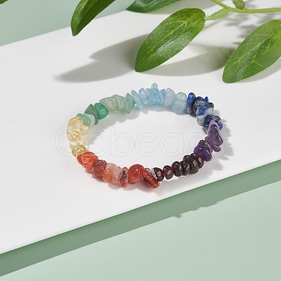 Kids 7 Chakra Natural Mixed Stone Chip Beads Stretch Bracelet with Heart BJEW-JB07377-1