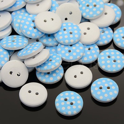 2-Hole Flat Round Polka Dot Printed Wooden Sewing Buttons X-BUTT-M007-01-1
