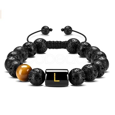 Natural Tiger Eye & Lava Rock Round Beads Adjustable Bracelets TV6214-12-1