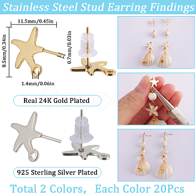 40Pcs 2 Colors Starfish Shape 201 Stainless Steel Stud Earring Findings STAS-SC0007-94-1