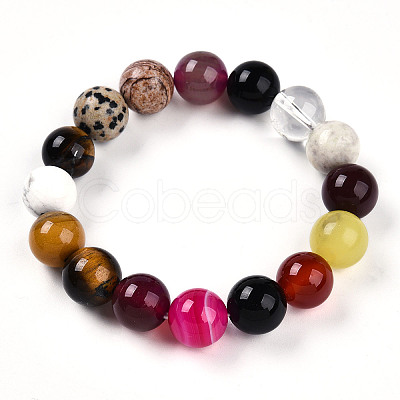 Natural Mixed Gemstone Round Beads Stretch Bracelets for Women Men G-T141-20-1