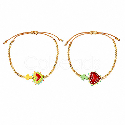 2Pcs 2 Colors Dyed Synthetic Turquoise Cross and Glass Heart Braided Bead Bracelets for Women PE0777-13-1