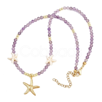 Synthetic Turquoise & Natural Amethyst Faceted Round Beaded Starfish 304 Stainless Steel Pendant Necklaces for Women NJEW-JN05459-1