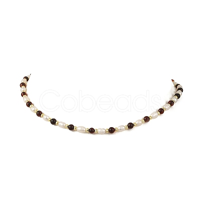 Natural Cultured Freshwater Pearl Rice and Natural Blood Amber Round Beaded Necklaces for Women NJEW-JN06427-1