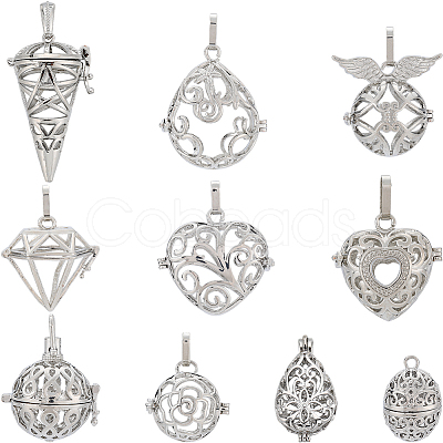 SUNNYCLUE 10Pcs 10 Styles Hollow Brass Cage Pendants KK-SC0004-29-1