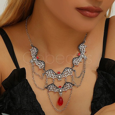 Halloween Bat Alloy Siam Rhinestone Bib Necklaces for Women LS-NJEW-P340-02P-1