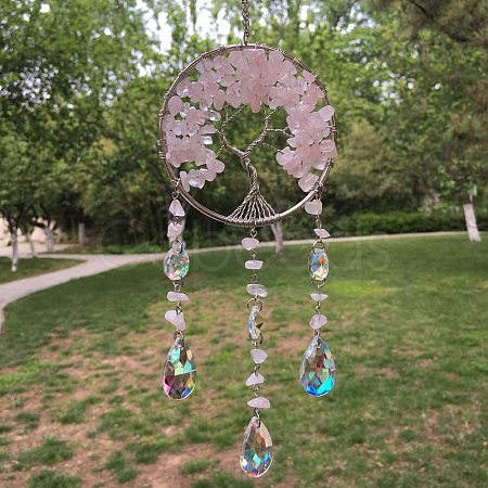Metal Wire Wrapped Natural Rose Quartz Chips Flat Round with Tree of Life Pendant Decorations. Hanging Suncatchers TREE-PW0003-11B-1