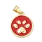 Brass Enamel Pendants, Cadmium Free & Lead Free, Long-Lasting Plated, Rack Plating, Flat Round with Paw Print Charm, Real 18K Gold Plated, Red, 18x15.5x2.5mm, Hole: 4x3mm