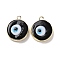 Handmade Lampwork Pendants, with Golden Plated Brass Findings, Cadmium Free & Lead Free, Flat Round with Evil Eye, Black, 21x18x4.5mm, Hole: 1.6mm