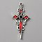 Jet Rhinestone Cross Pendatn with Red Enamel, Alloy Pendant, Antique Silver, 47.5x21.5x4mm, Hole: 1.8mm