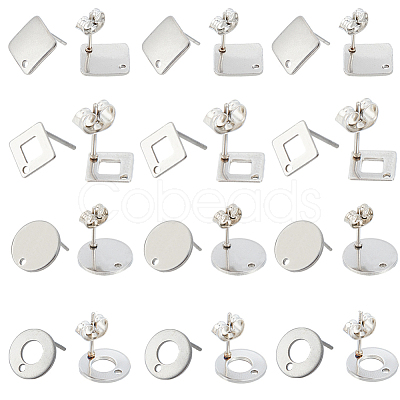 80Pcs 4 Styles Rhombus & Flat Round & Donut Stainless Steel Stud Earring Findings STAS-SC0006-59-1