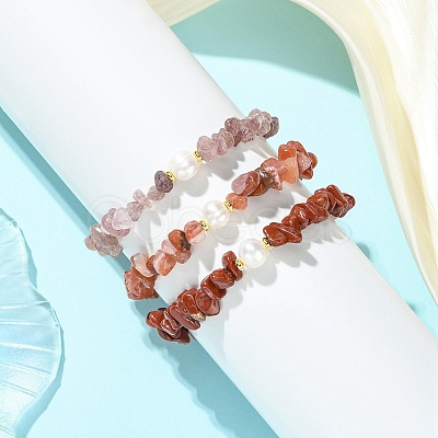 3Pcs 3 Styles Natural Mixed Gemstone Chip & Cultured Freshwater Pearl Beaded Stretch Bracelets Set for Women BJEW-JB13762-07-1