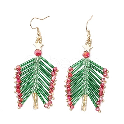 Glass Seed Beaded Christmas Tree Dangle Earrings EJEW-MZ00636-1