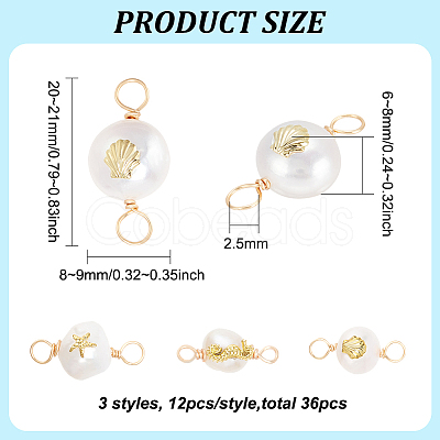 36Pcs 3 Styles Grade AA Natural Cultured Freshwater Pearl Connector Charms with Golden Tone Alloy Slices FIND-BC0004-55-1