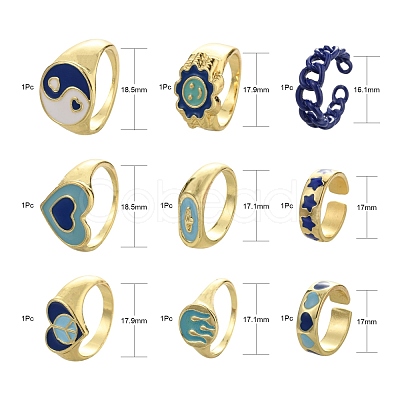 9Pcs 9 Style Alloy Enamel Signet Finger Rings and Cuff Rings Set RJEW-LS0001-58-1