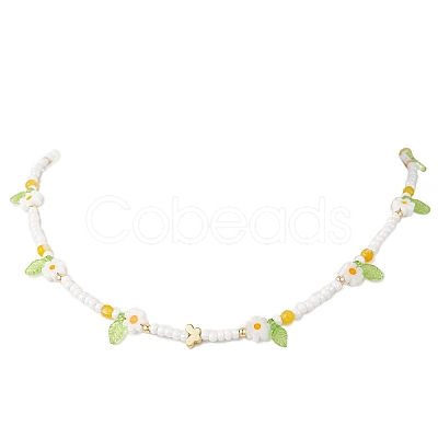Faceted Round Dyed Natural Agate & Flower Handmade Millefiori Glass & Glass Seed Beaded Necklaces for Women NJEW-MZ00150-02-1