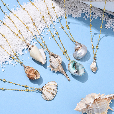 7Pcs 7 Styles Electroplated Natural Shell Pendant Brass Satellite Chain Necklaces NJEW-YW00003-1
