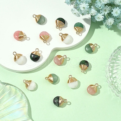 4Pcs 4 Styles Natural White Jade & Green Aventurine & Ruby in Zoisite Flat Round Charms G-YW0002-63-1