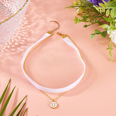 Alloy Enamel Letter Pendant Single Face White Velvet Ribbon & Brass Chain Double Layered Choker Necklaces NJEW-TAC0036-1