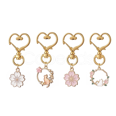 4Pcs Sakura Flower & Cat Alloy Enamel Keychains KEYC-JKC00456-1