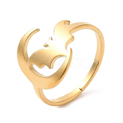 Ion Plating(IP) 304 Stainless Steel Moon with Bat Adjustable Ring for Women RJEW-M149-04G-1