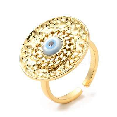 Rack Plating Brass Flat Round Open Cuff Rings with Shell Evil Eye RJEW-D008-05G-1