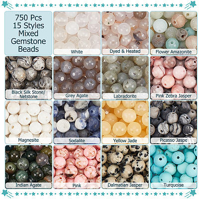 750Pcs 15 Styles Mixed  Gemstone Baeds G-NB0005-42D-1