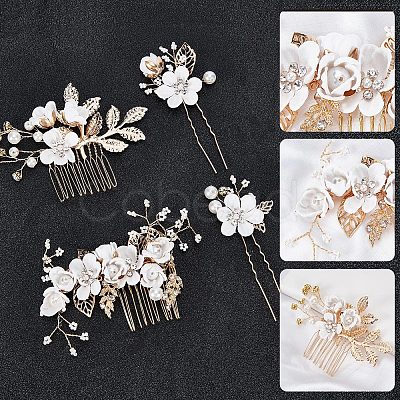 Wedding Bridal Alloy Rhinestone Hair Forks & Combs Set MRMJ-WH0012-27-1