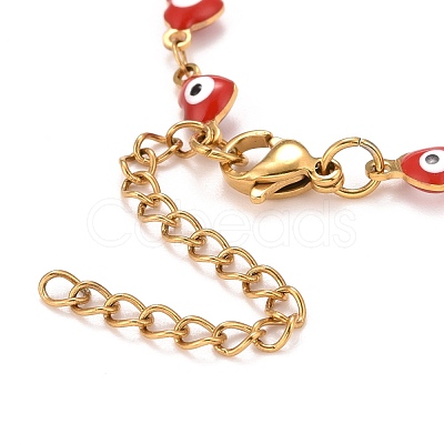 Enamel Heart with Evil Eye Link Chains Bracelet BJEW-P271-07G-01-1