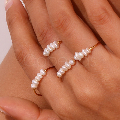 Nuggets Stainless Steel & Natural Freshwater Pearl Beads Finger Rings WG1BE4A-04-1