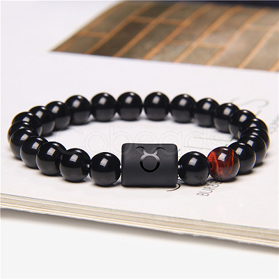 12 Constellations Protetion Tiger Eye & Black Obsidian Round Beads Stretch Bracelets for Men Women WG083ED-04-1