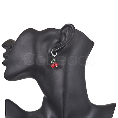 Cherry Glass with Acrylic Dangle Leverback Earrings EJEW-JE05612-1
