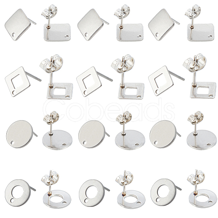 80Pcs 4 Styles Rhombus & Flat Round & Donut Stainless Steel Stud Earring Findings STAS-SC0006-59-1