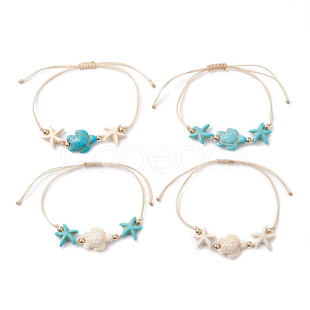 4Pcs 4 Styles Synthetic Turquoise Braided Starfish & Tortoise Beaded Bracelets for Women BJEW-JB10201-1
