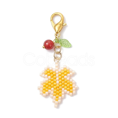 Maple Leaf Acrylic & Glass Seed & Natural Carnelian Beads Pendant Decorations HJEW-MZ00347-01-1