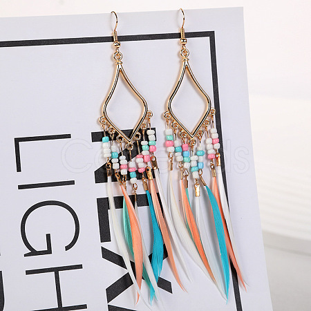 Bohemian Style Alloy Glass Seed Beaded Feather with Rhombus Chandelier Earrings FS-WG1E384-02-1