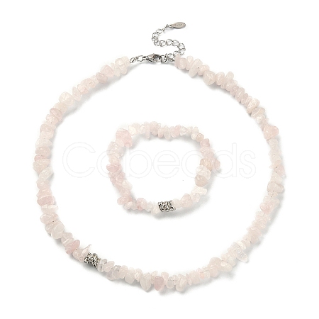 Natural Rose Quartz Chips Beaded Necklace & Stretc Bracelet SJEW-JS01281-02-1