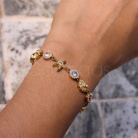 Ocean Theme 304 Stainless Steel Rhinestone Link Chain Bracelets for Women SA-CBA183D-09B-G-1