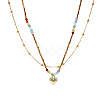 Rainbow Glass & Natural Stone & Brass Beaded Stainless Steel Chain Double Layer Necklaces with Heart Pendant for Beach Vacation Accessories TH6527-1-6