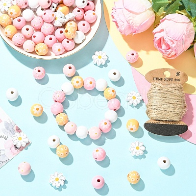 Flower & Round Natural Wooden Beads WOOD-YW001-76-1